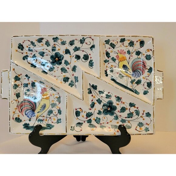 Mid Century Italy Ceramic Divided Serving Platter With Rooster & Floral Design - Picture 15 of 15